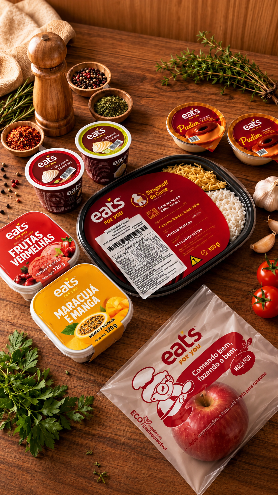 Refeição, sobremesas e frutas Eats For You sobre mesa rústica