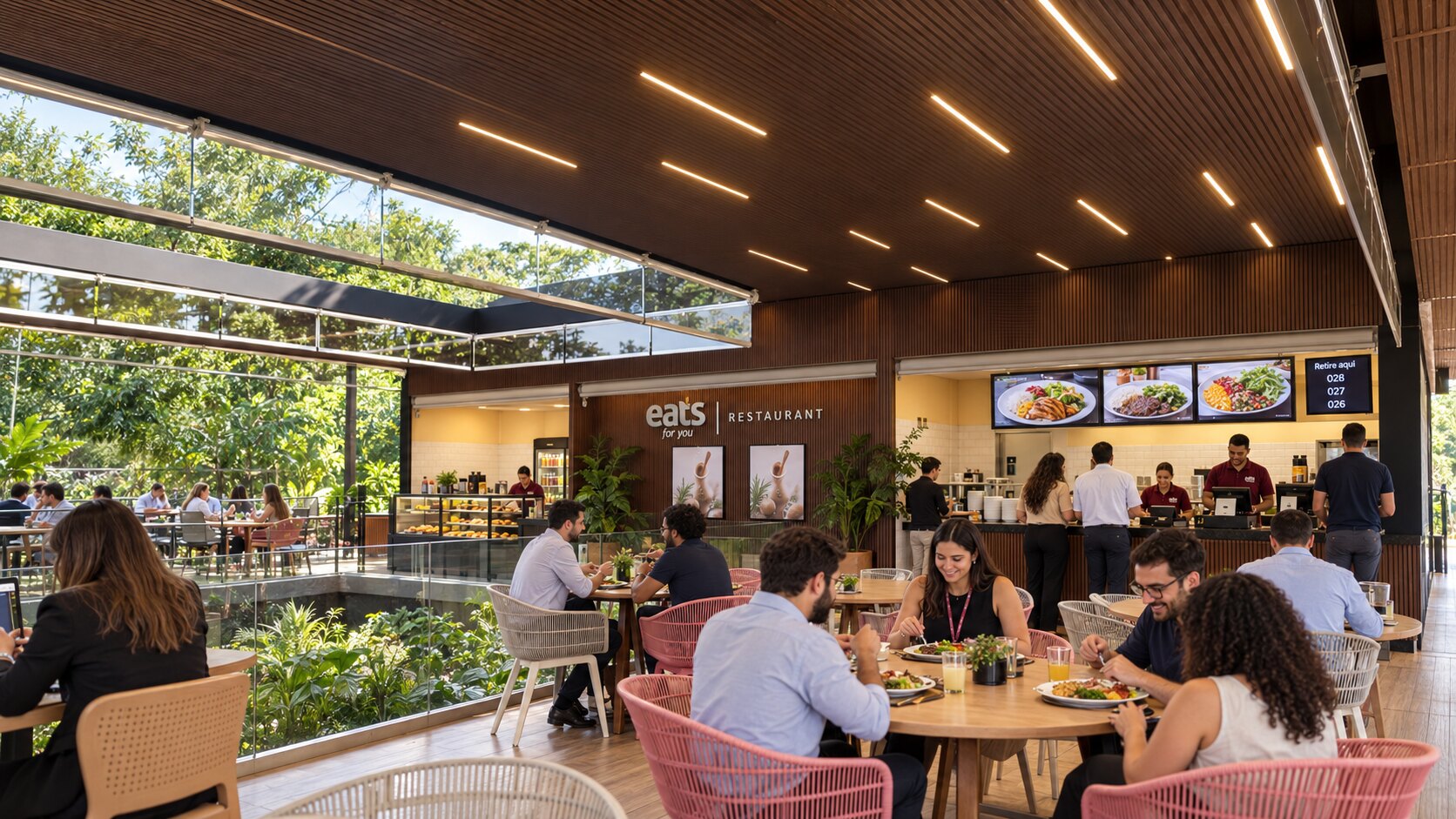 Restaurante corporativo Eats For You em operação durante o almoço
